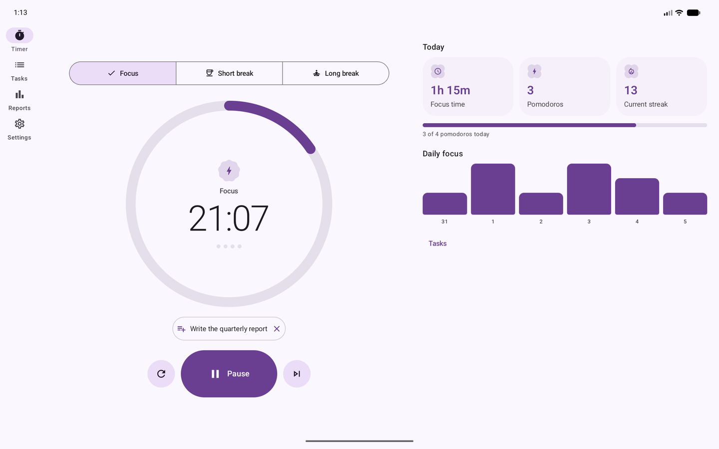 Go Focus on a tablet: a navigation rail on the left, the timer ring in the centre and today's stats with a weekly chart on the right.