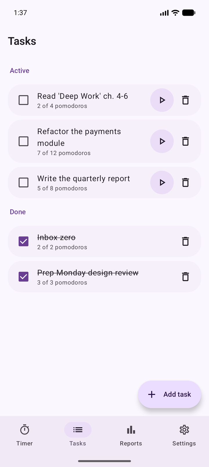 Tasks screen listing active tasks such as "Write the quarterly report" with their completed pomodoro counts.